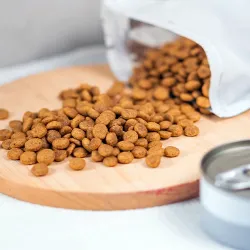 Dry kibble spilling onto a wooden board next to a can of pet food